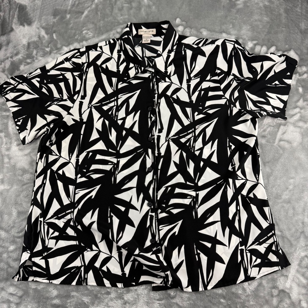 Notations Woman Black White Bamboo Leaf Print Button Down Blouse 1X Grandmacore